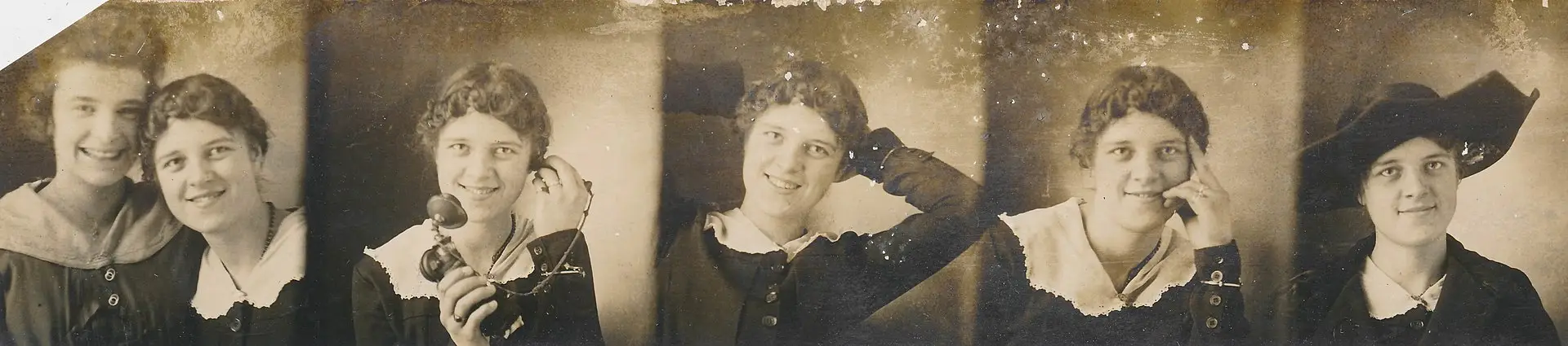A vintage photobooth strip — sepia-toned portraits of friends in a 1920s photo arcade.