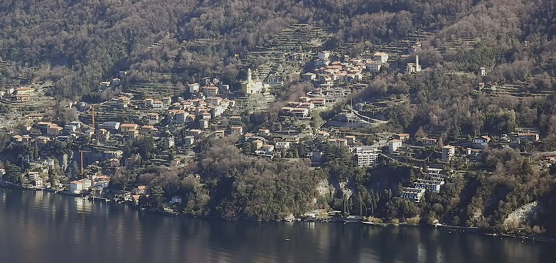 Pognana Lario seen from the water — the hillside village climbing above Lake Como, where Bar Sonia sits on its terrace.