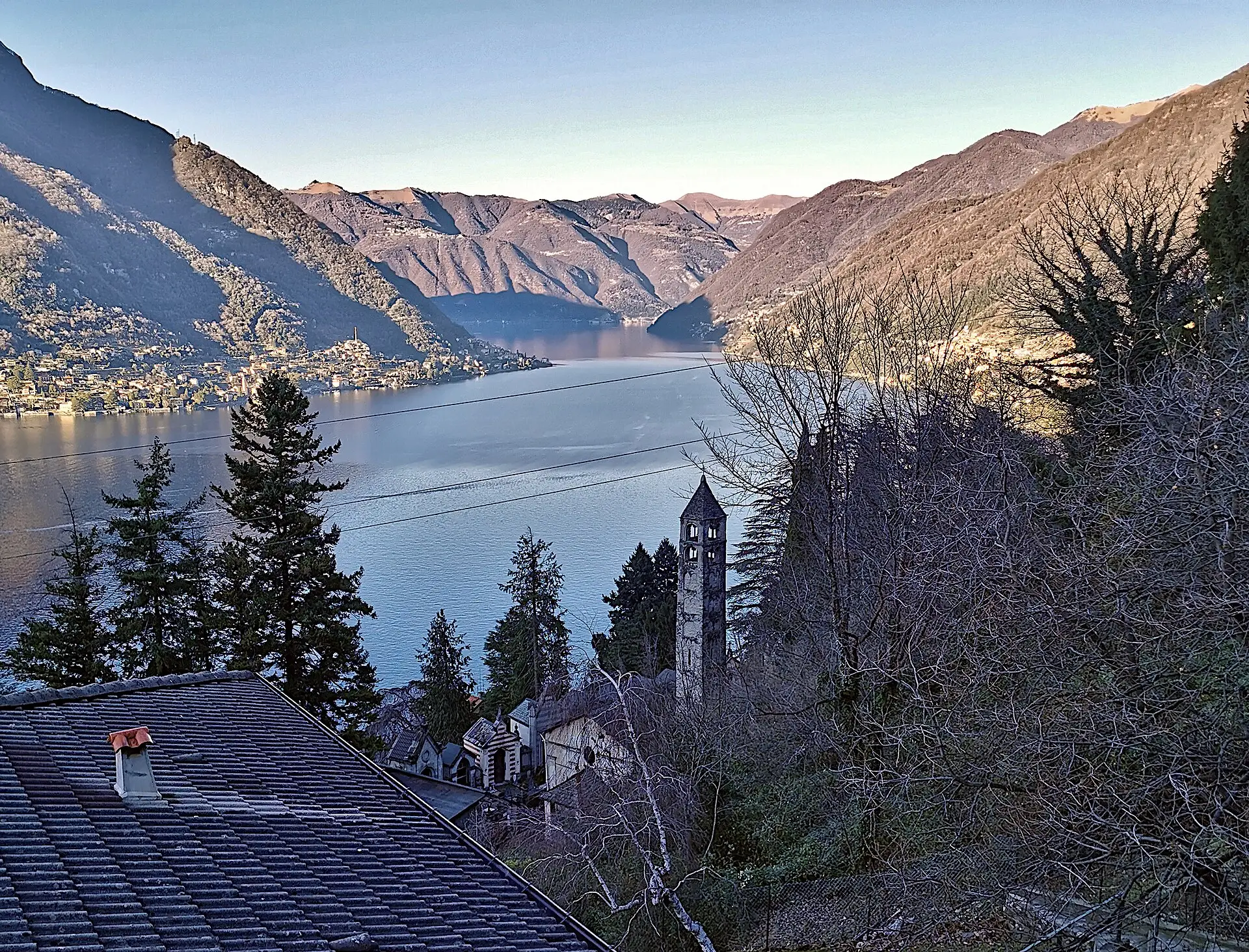 Faggeto Lario view over Lake Como — quiet eastern-shore village above the long lake stretching into the alps.